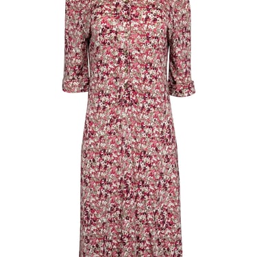 Tory Burch - Pink &amp; Taupe Floral Print Button Front Dress Sz L