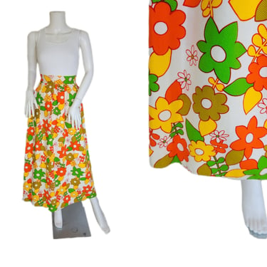 1960's White Cotton Pique Bold Floral Daisy Print Long Maxi Skirt I Sz Sm I W: 24