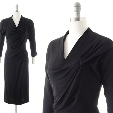Vintage 1940s Dress | 40s DOROTHY O'HARA Draped Black Rayon Crepe Sheath Wiggle Tailored Formal Evening LBD Black Tie Dress (small) 