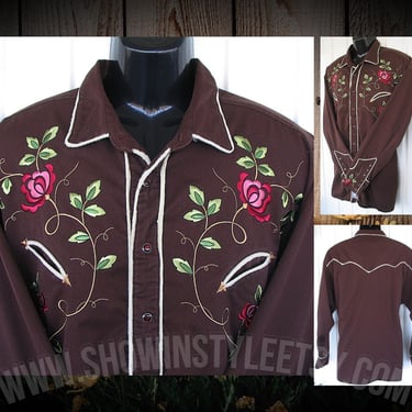 Panhandle Slim Vintage Western Retro Men's Cowboy & Rodeo Shirt, Rockabilly, Embroidered Pink Flowers, Tag  Size XLarge (see meas. photo) 