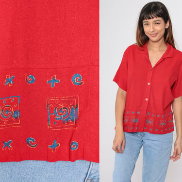 Red Silk Blouse 90s Sun Print Button Up Shirt Celestial Geometric Swirl Retro Short Sleeve Top Beach Collared Shirt Vintage 1990s Medium M 