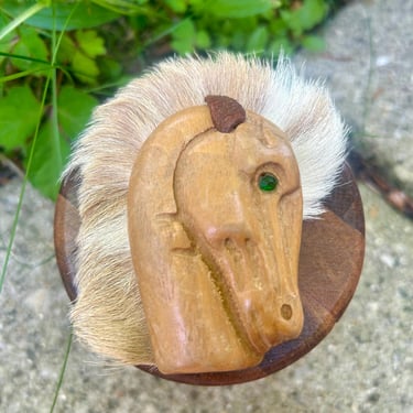 Large Hand Carved Wooden Brooch Horse Native American Leather Fur Vintage Retro 