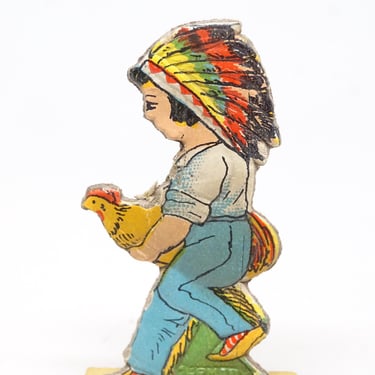 Antique German 1940's  Kid in Native American Dress in Wood Stand, Pressed Embossed Cardboard Stand Up Toy for Vintage Christmas 