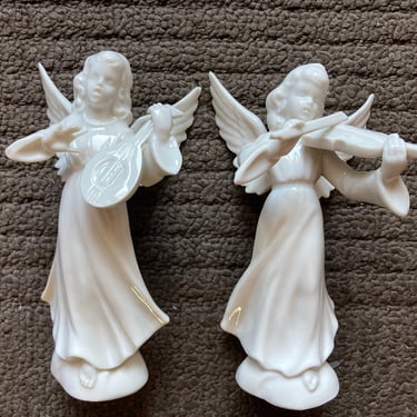 DRESDEN Porcelain winged Angel Statues~ Vintage Fine Porcelain White Angel Wings with instruments~  Choir Christmas Angels~ Germany 