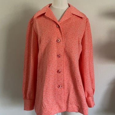 Vintage 70s Grid Print Polyester Blazer; 60s Coral Button up Blouse with Heathered Material in Coral and White Disco Blouse Bold Buttons L 