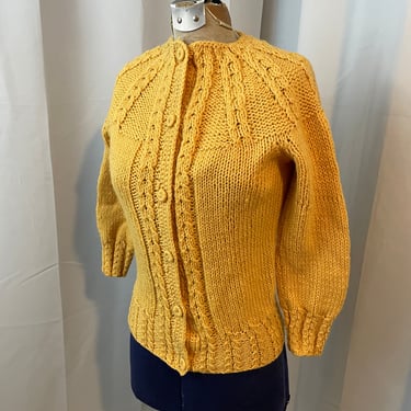 40s Hand Cable Knit Cardigan Sweater Mustard Gold Yellow XS 