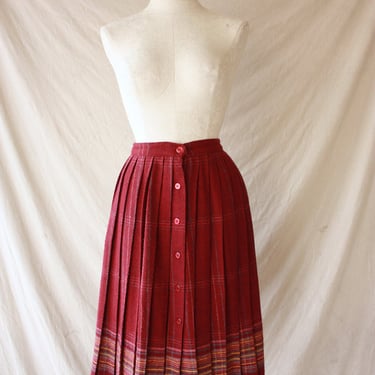 70s Pleated Maroon Plaid Wool Blend Skirt Size XS 