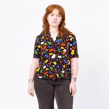 Vintage 80s Silk Colorful Geometric Print Blouse - Medium | Black Primary Color Abstract Print Short Sleeve Button Up Top 
