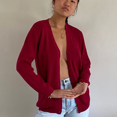 90s silk button front sweater / vintage garnet red silk cotton ribbed knit pockets grandpa cardigan sweater | Medium 