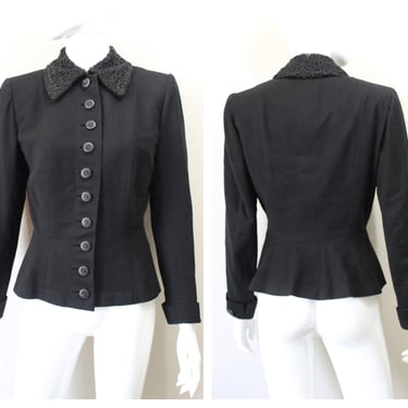 Vintage 1940s 50s Peplum Jacket Black Wool Persian Lamb Collar cuffs I. Magnin Forstmann Coat // Modern Size US 0 2 4 6 xs Small 