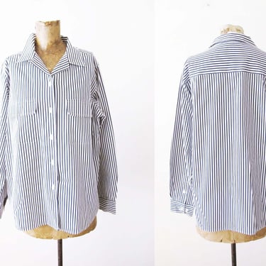 Vintage 90s Striped Long Sleeve Shirt M - 1990s Black White Button Up - Collared Striped Cotton Shirt - Patch Pocket Blouse 