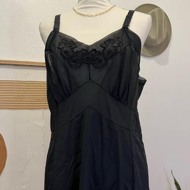 Black Vintage 90s Semi Sheer Floral Embroidered Below the Knee Slip Dress 