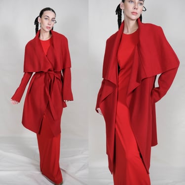 Vintage DONNA KARAN Black Label Runway Collection Red Cashmere Wing Lapel Belted Duster w/ Pockets | 100% Cashmere | Y2K DKNY Designer Coat 