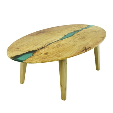 Handcrafted 4.5 ft Natural Maple Blue Resin Waterfall Oval Coffee Table