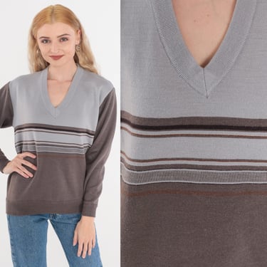 80s Striped Sweater Knit Pullover V Neck Sweater Retro Grey Dark Taupe Color Block Neutral Tonal Wool Blend Fall Vintage 1980s Small Medium 