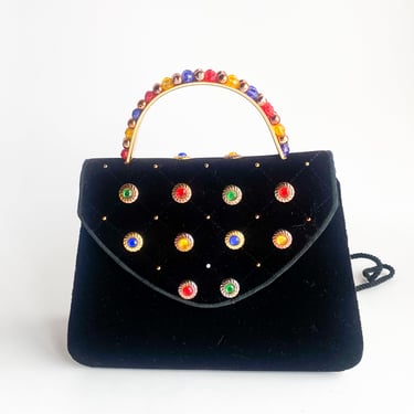 1980s Black Velvet Bejeweled Handbag