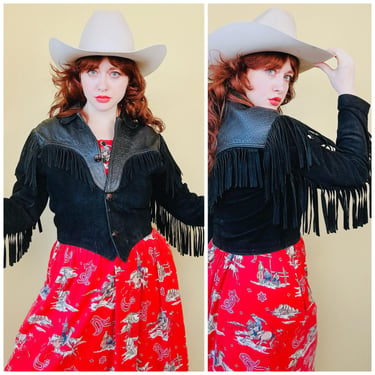 1980s Vintage Leather By Raphael Western Coat / 80s Black Suede Yoke Fringe / Fringe Jacket / Medium 