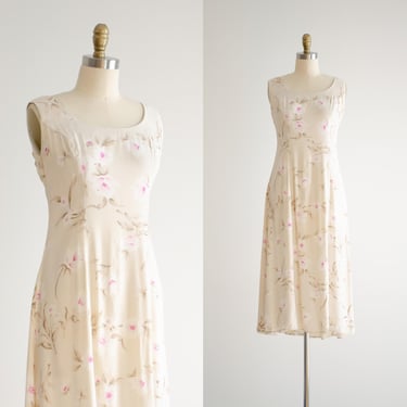 floral midi dress 90s vintage beige white floral sleeveless dress 