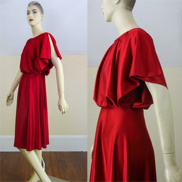 70s disco dress size small, ruby red silky polyester blouson drapey split sleeve, vintage cocktail or party dress, knee length dancing queen 