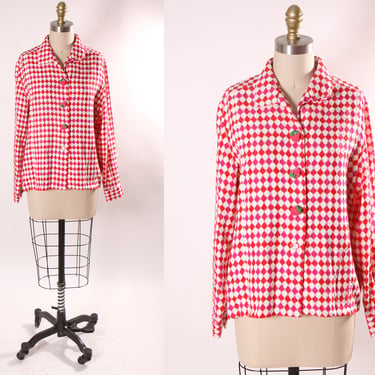 Late 1960s Early 1970s Pink, Red and White Harlequin Square Print Long Sleeve Strawberry Button Covers Blouse -L 