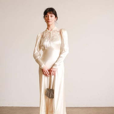 1930s Ivory Liquid Satin Lace Yolk Wedding Gown 