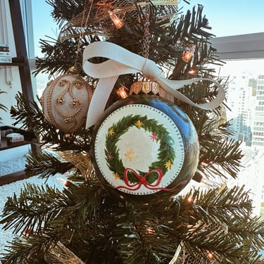 Hand Painted, Ceramic, Christmas Ornament with Wreath and Tree 