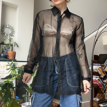 VTG 90s Black Sheer Silk Blouse 