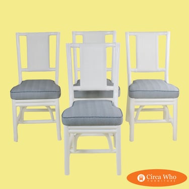 Set of 4 White Bamboo Blue Upholstered Dining Chairs
