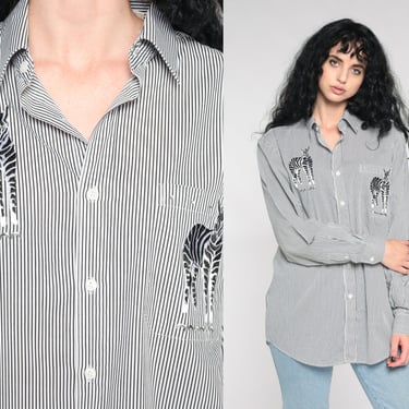 Rhinestone Zebra Shirt 90s Button Up Shirt Embroidered Animal Print Long Sleeve Top Striped Black White Collar Safari Men's 15 1/2 33 Medium 