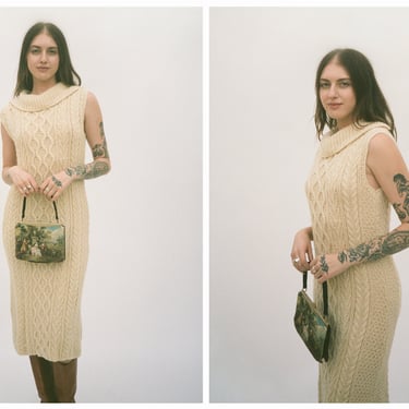 Vintage 1970s 70s Cream Wool Cable Knit Midi Length Turtleneck Dress w/ Metal Zipper - OOAK Plus Size 