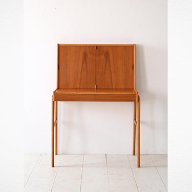 Vintage Scandinavian Teak Vanity with Mirror and Lift-Top Storage 