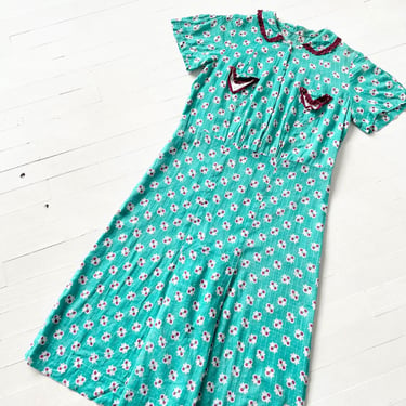 1940s Printed Teal Cotton Dress 