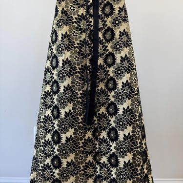 1970s Long Black and Gold Floral Skirt 