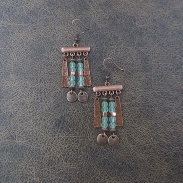 Pale green sea glass and copper chandelier earrings 