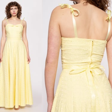 70s Yellow Floral Eyelet Prairie Maxi Dress - Small | Vintage Satin Strap A Line Formal Gown 