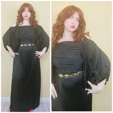 1970s Vintage Black Grecian Slink Dress / 70s / Seventies Balloon Sleeve Ruched Goddess Gown / Medium - Large 