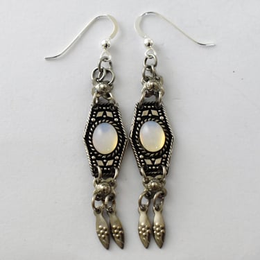 70's moonstone 925 silver tribal dangles, edgy Israel sterling mystic hippie earrings 