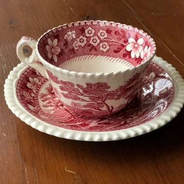 Spode Red Transferware Tea Cup and Saucer 
