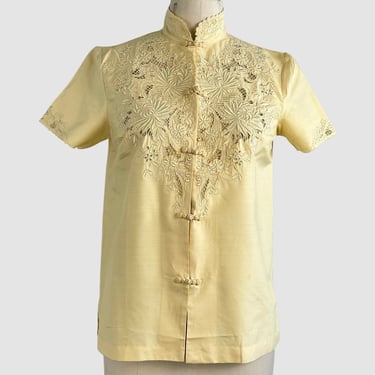 SILK ROAD 70s Chinese Hand Embroidered Yellow Blouse, Large 