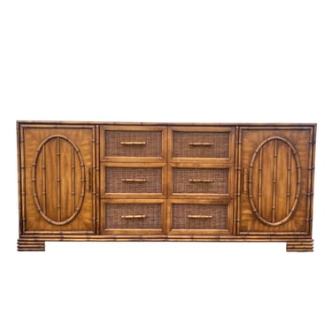 Rare Faux Bamboo Buffet Cabinet by Stanley with 3 Drawers, Rattan Wicker & Wood Table Top - Vintage Hollywood Regency Sideboard Credenza 