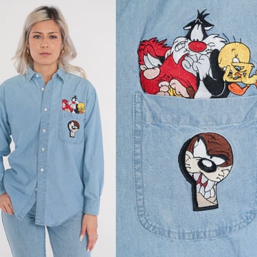 Looney Tunes Shirt 90s Denim Shirt Tweety Bird Jean Shirt Taz Warner Bros Top Graphic Retro Button Up Vintage 1990s Long Sleeve Men's Small 