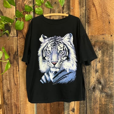 Vintage 90s White Tiger Big Face Print Nature T American Thunder Size XXL 