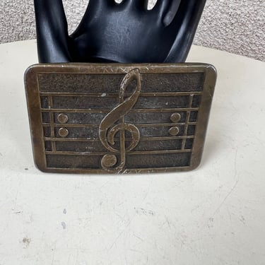 Vintage 1974 musical notes metal rectangular belt buckle by C.D.C. Metalworks of Colorado size 3.5” x 2 1/4” 