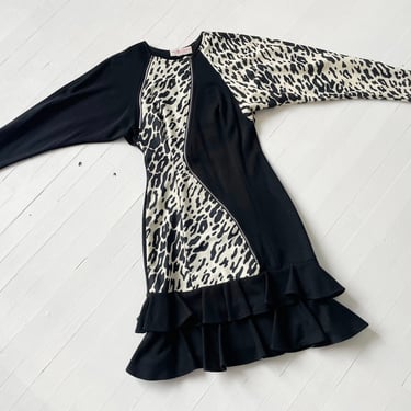 1980s Snow Leopard Print + Black Dress with Ruffled Hem and Asymmetric Zip 