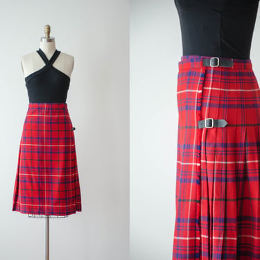 red plaid pleated wool skirt | 70s vintage Scottish kilt red blue tartan authentic traditional folk wrap skirt 