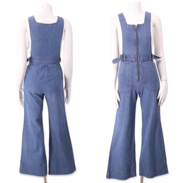 70s denim bell bottom overalls S / vintage 1970s WHIP O WILL zipper front jeans jumpsuit flared bottoms sz 2-4 