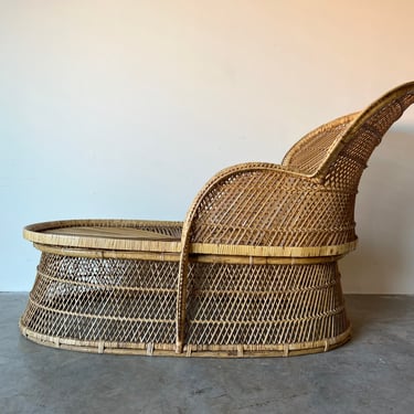 Vintage Bohemian Wicker Rattan Peacock Back Chaise Lounge 