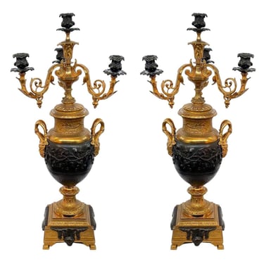 Pair of Late 19th Century Napoleon III Gilt &amp; Patinated Bronze Candelabras