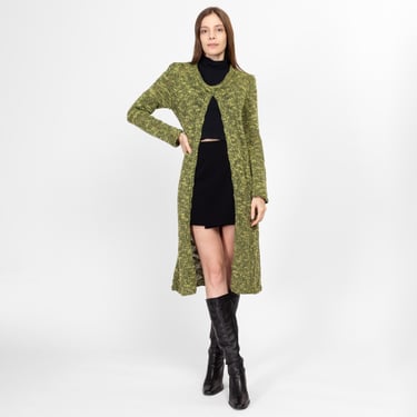 Small Y2K Avocado Green Chunky Knit Long Cardigan | Boho Vintage Longline Sweater Cover Up 