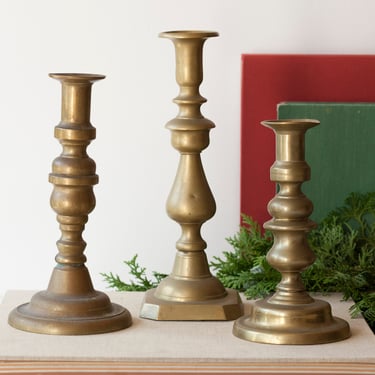 Antique Brass Candlestick Holders - Mismatched Set of Three Large - Trio of Rustic Farmhouse Candle Holders - Tall Vintage Candle Holder 